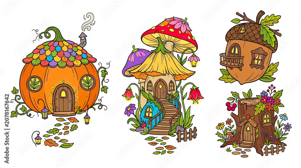 Fototapeta premium Whimsical Fairy Homes: Pumpkin, Mushroom, Acorn and Tree Stump Houses