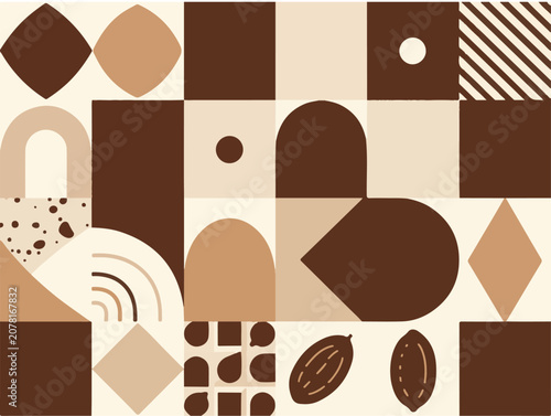 Abstract geometric chocolate and coffee mosaic seamless pattern with brown squares arches and cocoa beans shapes vector illustration