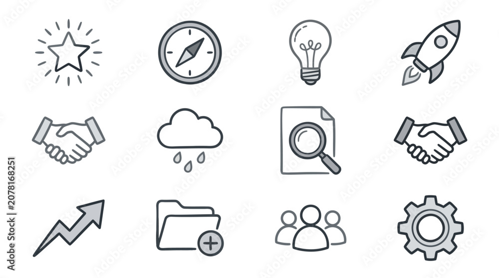 Fototapeta premium Corporate business and technology development line icon set.