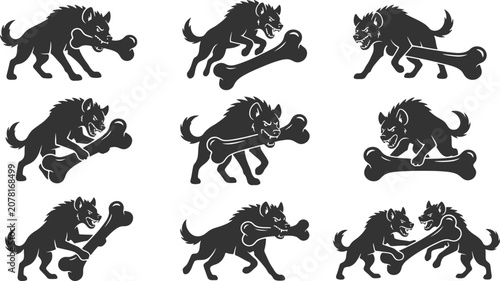 Photos Aggressive hyena silhouettes with bones for wild animal design projects