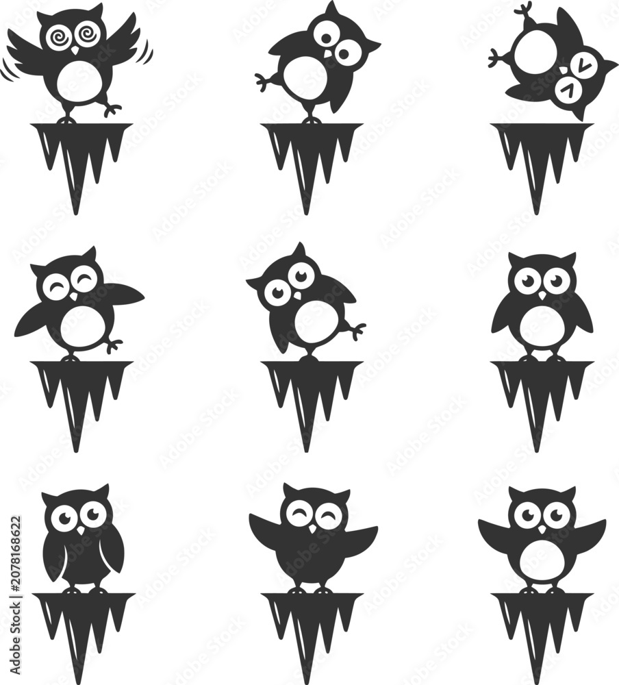 Obraz premium Set of black owl silhouettes balancing on ice peaks