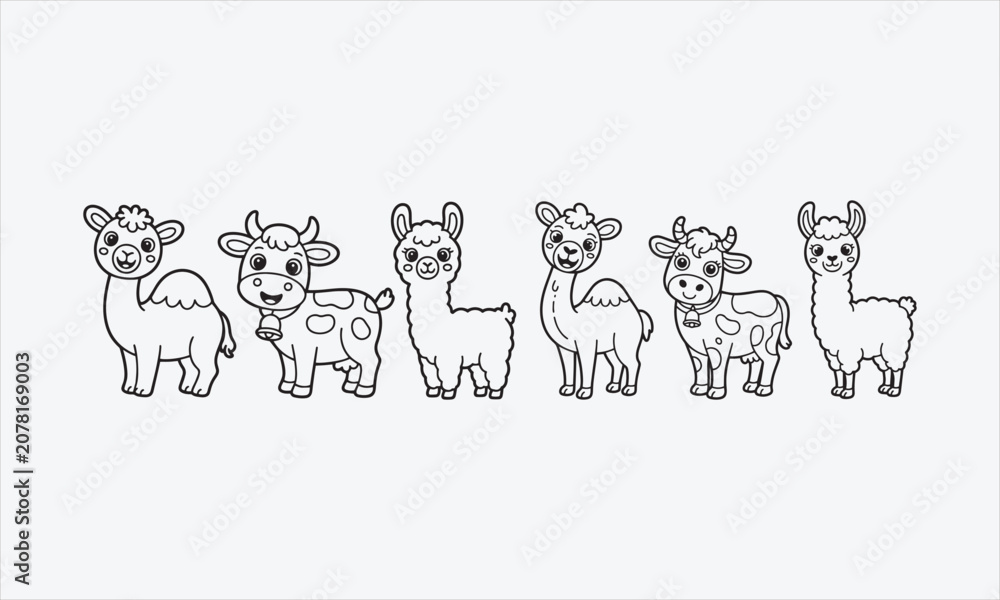 Fototapeta premium Cute camel cow and llama cartoon line art set for kids coloring book isolated vector illustration