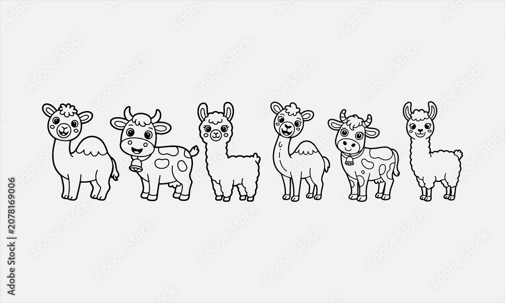 Fototapeta premium Cute camel cow and llama cartoon line art set for kids coloring book isolated vector illustration