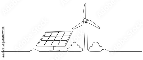 Clean one line illustration featuring a solar panel and wind turbine, representing renewable energy, sustainability, clean electricity, and environmentally friendly power generation.