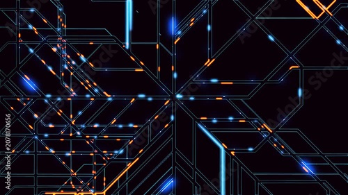 Complex network, public transportation map. Colorful animated subway map, railway map, digital network with intersecting lines and neon nodes on a dark background. Pipeline diagram.