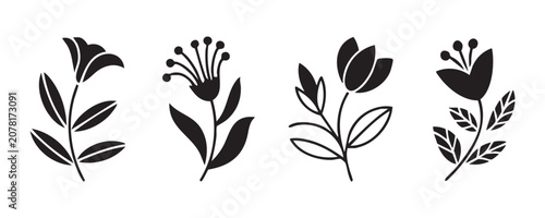 Four black silhouette icons of different blooming flowers and stems with leaves for simple design.