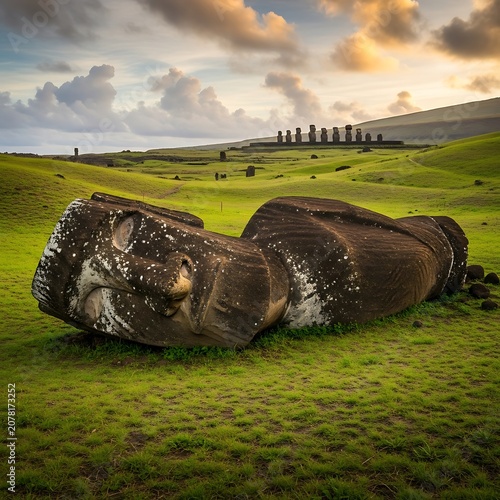 Ancient Moai Statues on Easter Island at Sunset.