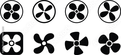 Obraz na płótnie Electric fan symbols, black and white icons, cooling devices, ventilation equipm