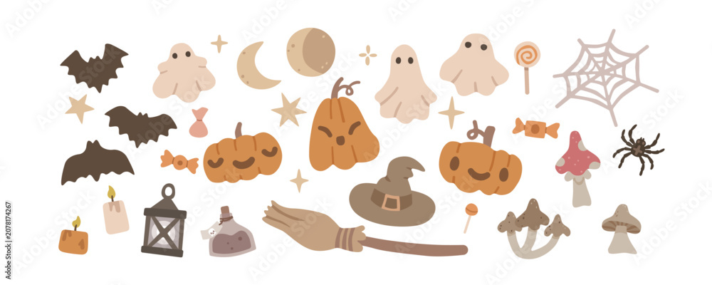 Obraz premium Cute Halloween collection with ghosts, pumpkins, bats, mushrooms, witch hat, broom, lantern, candy and spooky elements. Hand drawn set for holiday design. Flat vector illustration.