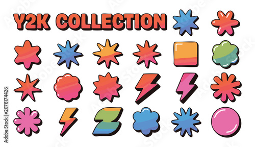 Colorful y2k style collection of retro stickers featuring stars lightning bolts and funky shapes.