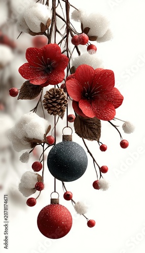 Snowberries, pine twigs, red ornaments, and cones arranged in festive garland, isolated on white or transparent background