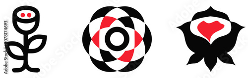 Three stylized floral emblems in black white and red on a white background symbolizing nature and design