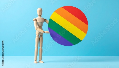 Wooden Artist Mannequin Holding Rainbow Pride Circle LGBTQ Diversity and Inclusion Concept