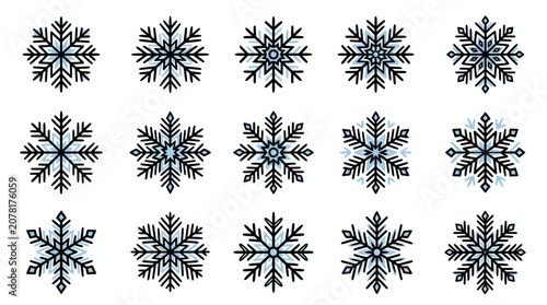 Vászonkép Decorative crystalline snowflake icons for winter design.