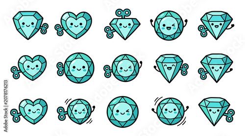 Foto Cute teal wind-up diamond characters collection