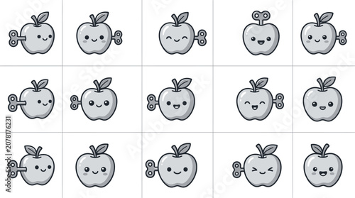 Slika na platnu Cute wind-up apple character icons set
