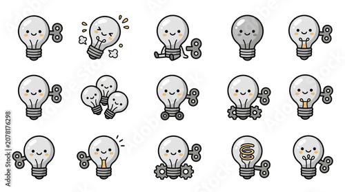 Fotografija Cute wind-up light bulb characters with clockwork keys.