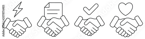 Handshake vector icon set featuring business agreement, contract and partnership symbols for successful collaboration, trust and professional relationship concepts, vector, designs