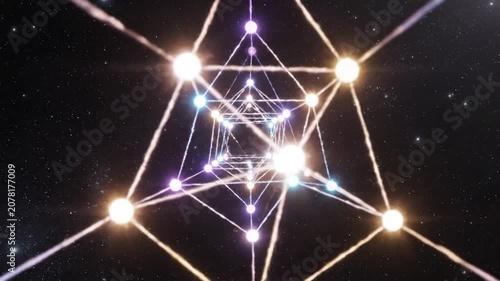Glowing geometric light structures floating in deep dark space