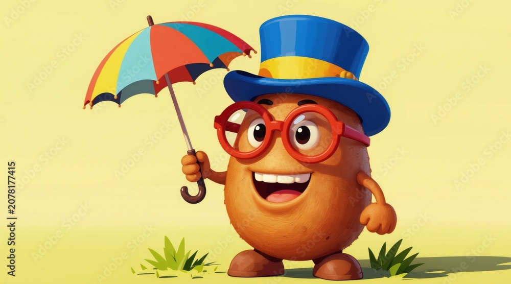 Naklejka premium Cartoon potato character with glasses and hat holds a colorful umbrella. This cheerful tuber smiles with joy, ready for any weather. Fun mascot illustration for kids content.