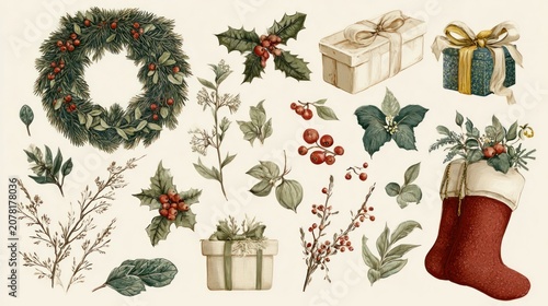 Collection of seasonal decorations including wreath, holly, gifts, branches, berries, and stockings