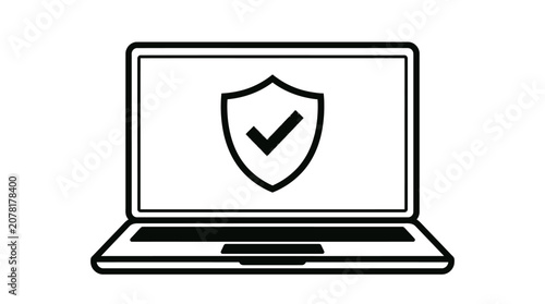 Bold laptop security icon with shield and tick symbol.