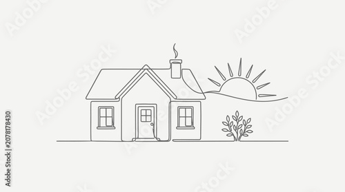 Continuous line drawing of home with sun and trees.