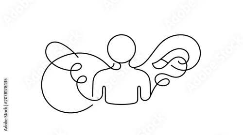 Continuous line drawing of person with wings.