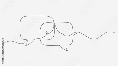 Continuous line drawing of two speech bubbles.