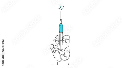 Continuous line hand holding medical syringe.