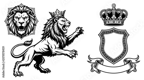 Heraldic lion crests and shield set.