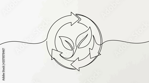 Continuous line recycle symbol with organic leaves.