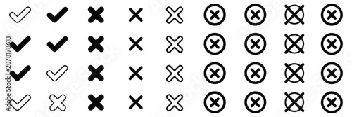 Tableau sur toile Check mark icons with hand drawn tick marks, cross symbols, checkbox elements, sketch marker style, right and wrong signs, doodle vote yes and no vector set