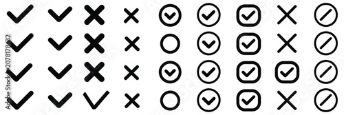 Obraz na plátně Check mark icons with hand drawn tick marks, cross symbols, checkbox elements, sketch marker style, right and wrong signs, doodle vote yes and no vector set