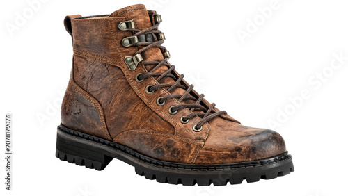 Konstfotografi Pair of classic brown textured leather winter lace up work boots isolated on tra