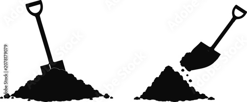 Shovel and Ground Pile Silhouette Set for Construction and Gardening Concepts Isolated on White Background