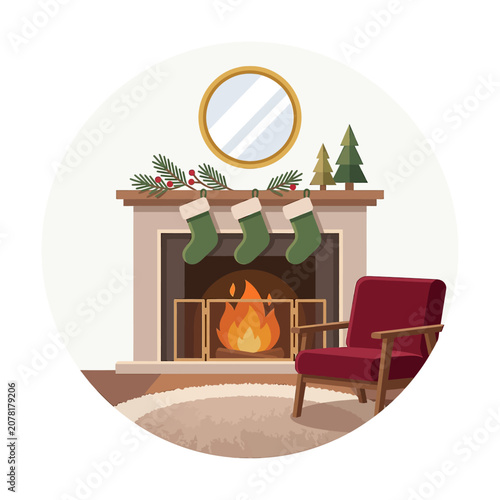 The Image Is An Illustration Of A Fireplace With A Red Armchair On The