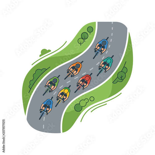 The Image Is An Illustration Of A Group Of Cyclists Riding On A Winding
