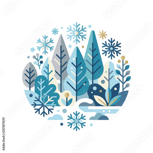 The Image Is An Illustration Of A Group Of Trees And Snowflakes In A