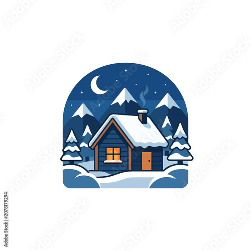 The Image Is An Illustration Of A Small Cabin In The Middle Of A Snowy