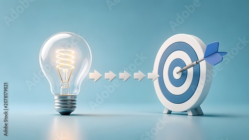 Goal oriented business alignment concept showing a glowing idea lightbulb directing arrows to hit the center target bullseye