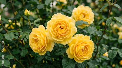 Close up of vibrant yellow roses in full bloom with lush green foliage