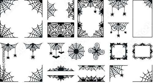 Collection of black spider web frames and borders for halloween decorations and designs