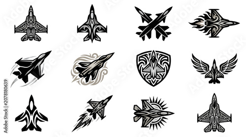 Canvastavla Diverse fighter jet illustrations and aviation badge set.