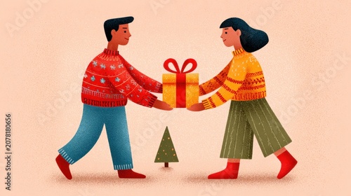 Festive hand to hand gift exchange celebrate christmas with joyful giving and receiving