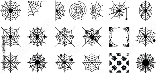 Diverse collection of black spiderweb illustrations for halloween designs decorations and creepy themed graphics