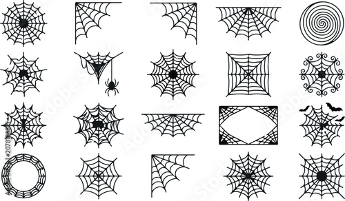 Collection of black spider web designs and patterns for halloween decorations and designs