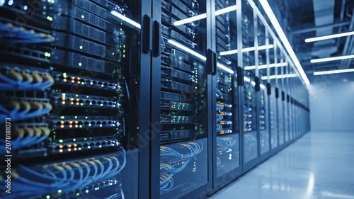 Rows of server racks inside a modern data center facility