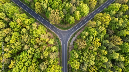 Aerial view, road intersection, forest landscape, green trees