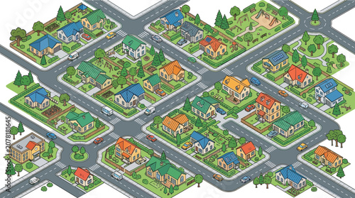 Isometric Suburban Neighborhood with Colorful Houses and Streets